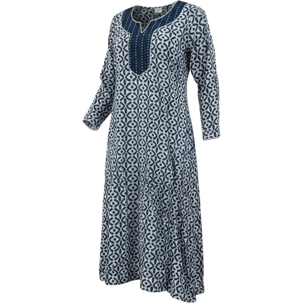 Indigo Block Print Dress Midi 5/6 Geometric 3/4 Sleeve Boho Resortwear Airy Boho